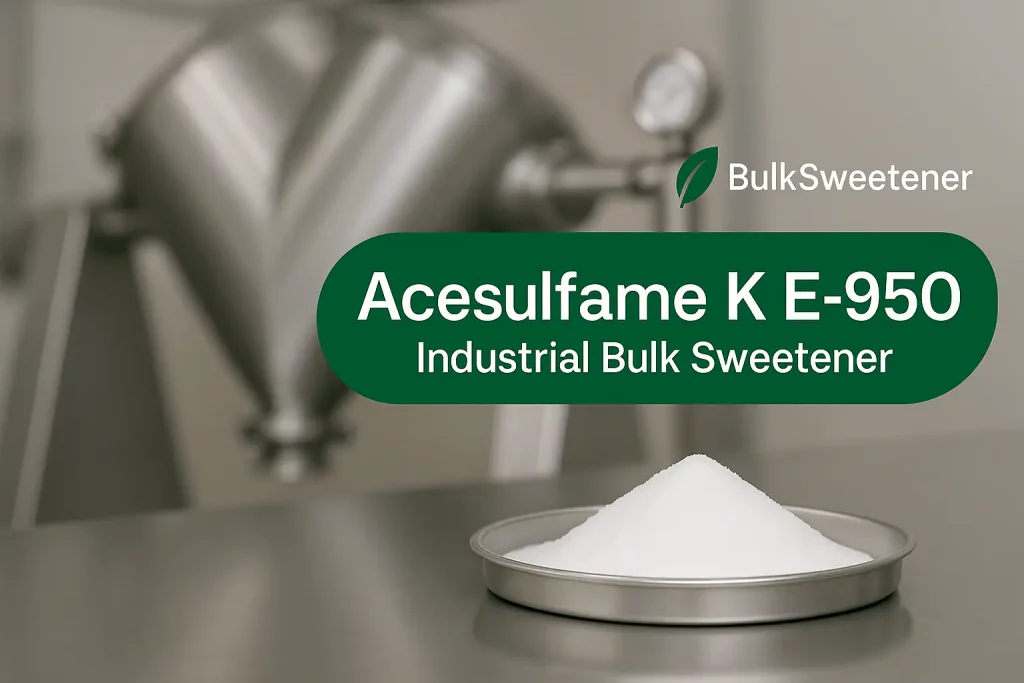 Acesulfame K E-950 bulk sweetener — industrial acesulfame potassium production and packaging at BulkSweetener facility.