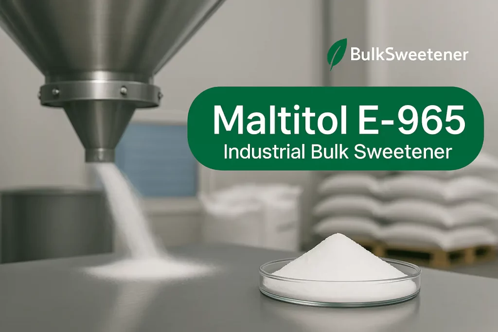 Maltitol E-965 bulk sweetener — industrial maltitol powder filling and packaging process at BulkSweetener factory.