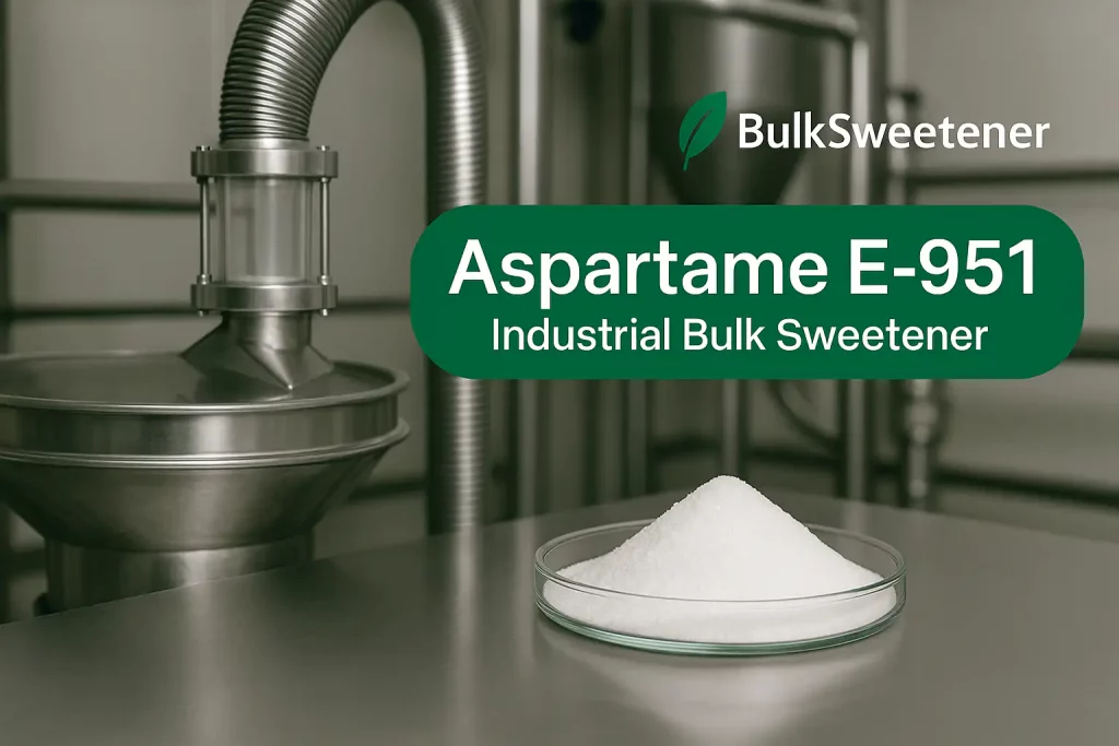 Aspartame E-951 bulk sweetener — industrial aspartame powder processing and packaging at BulkSweetener facility.