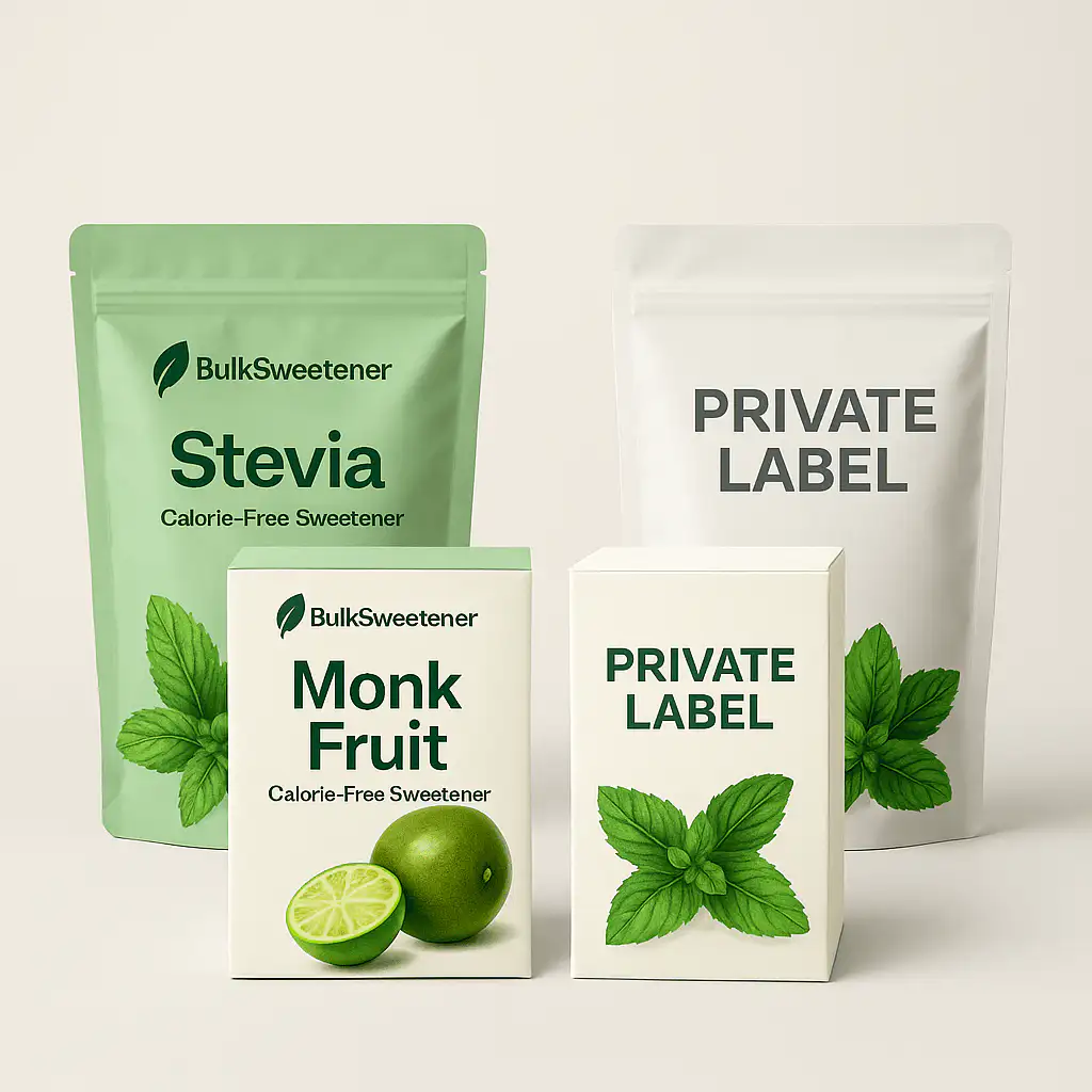Private label packaging from a sweetener factory — professional sweetener supplier offering stevia and monk fruit formulations for custom brands.