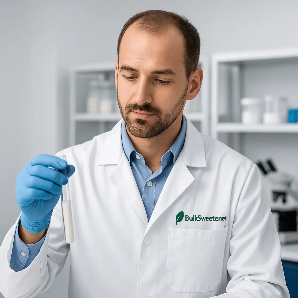 Food scientist testing formulation at a sweetener factory laboratory — professional sweetener supplier quality control process.