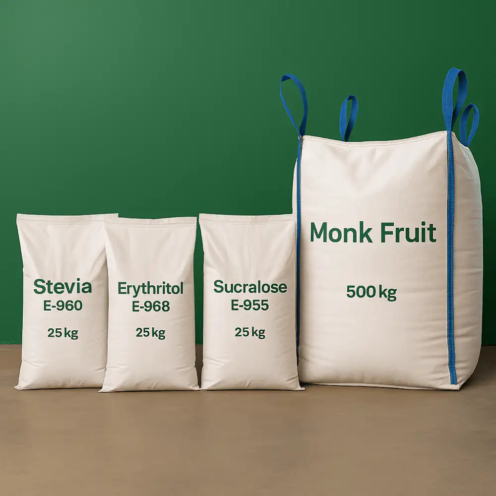 Industrial sweetener factory packaging — bulk bags of stevia, erythritol, sucralose, and monk fruit from a professional sweetener supplier.