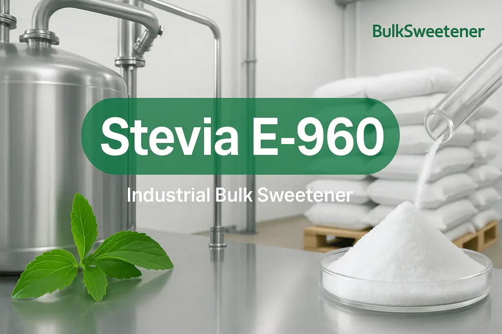 Stevia E-960 bulk sweetener — industrial stevia extract powder for food and beverage manufacturing.