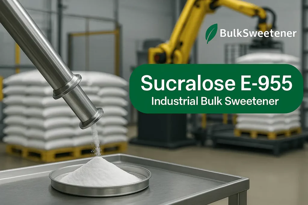 Sucralose E-955 bulk sweetener — industrial sucralose powder production and packaging at BulkSweetener facility.