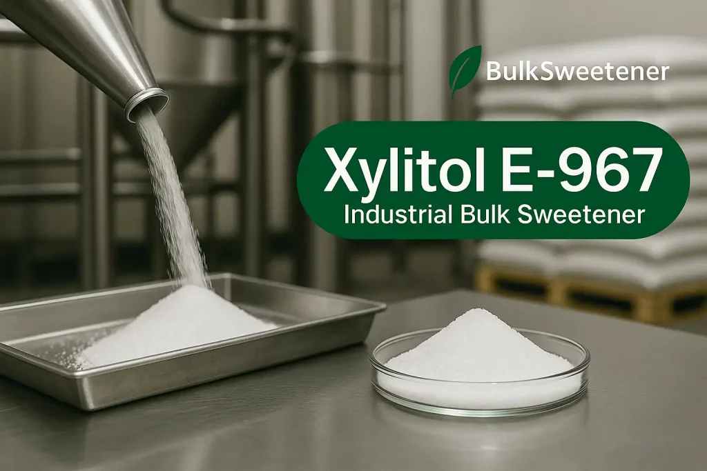 Xylitol E-967 bulk sweetener — industrial xylitol powder production and packaging at BulkSweetener factory.