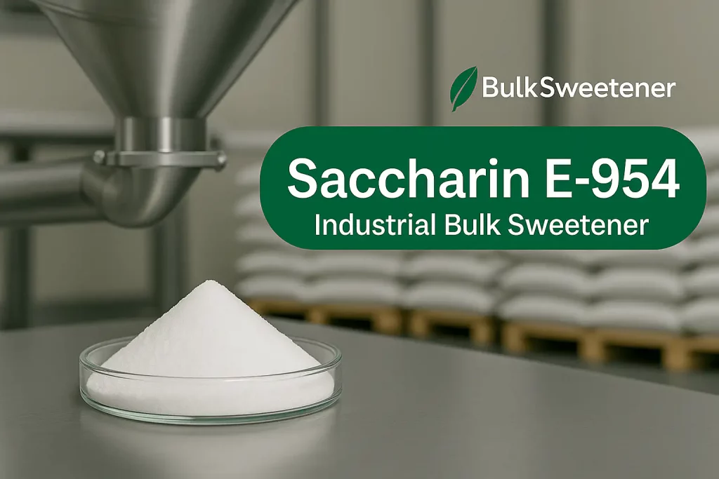 Saccharin E-954 bulk sweetener — industrial saccharin powder production and packaging at BulkSweetener factory.