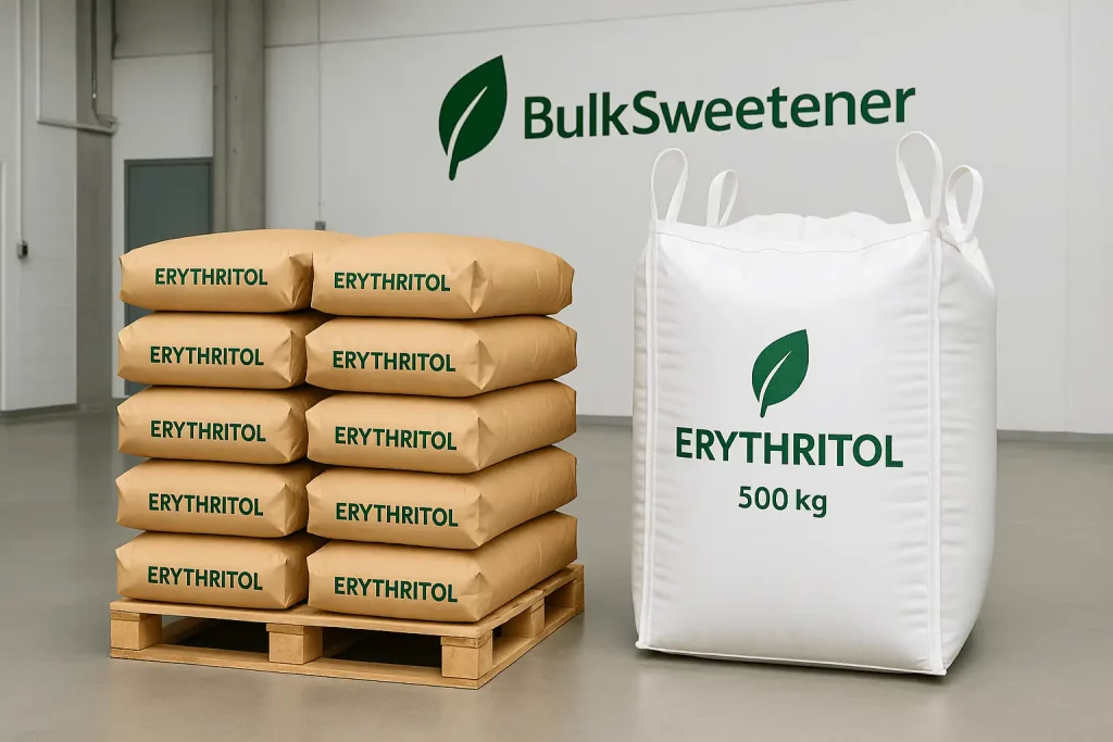 Bulk erythritol sweetener bags at industrial factory for wholesale and food production.