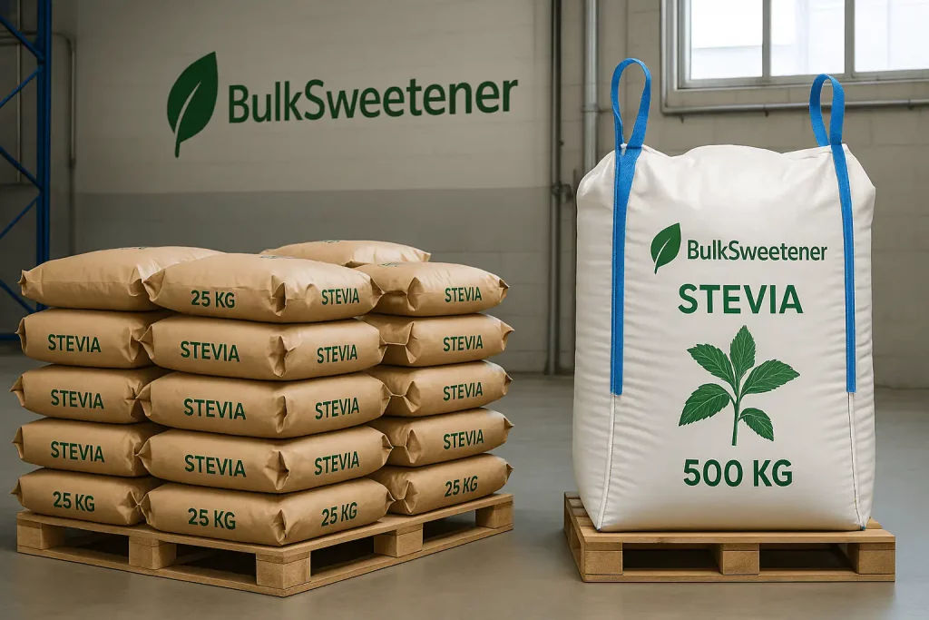 Bulk stevia sweetener in industrial packaging for wholesale and food production.