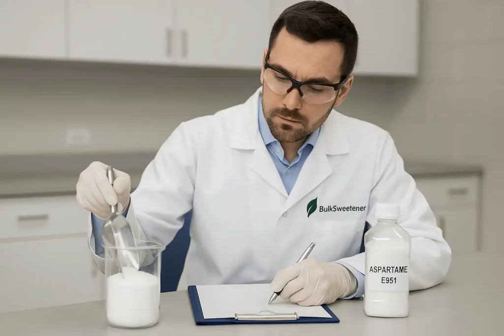 Laboratory testing bulk aspartame sweetener E951 for industrial quality assurance.