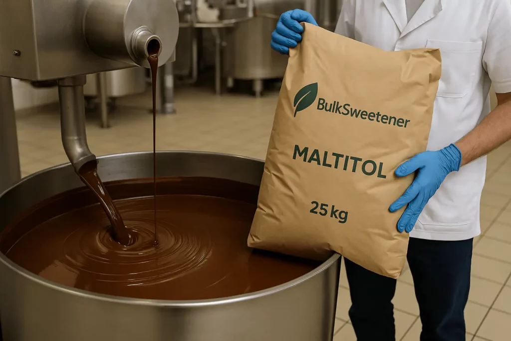 Industrial factory producing bulk maltitol sweetener powder for food and beverage manufacturing.