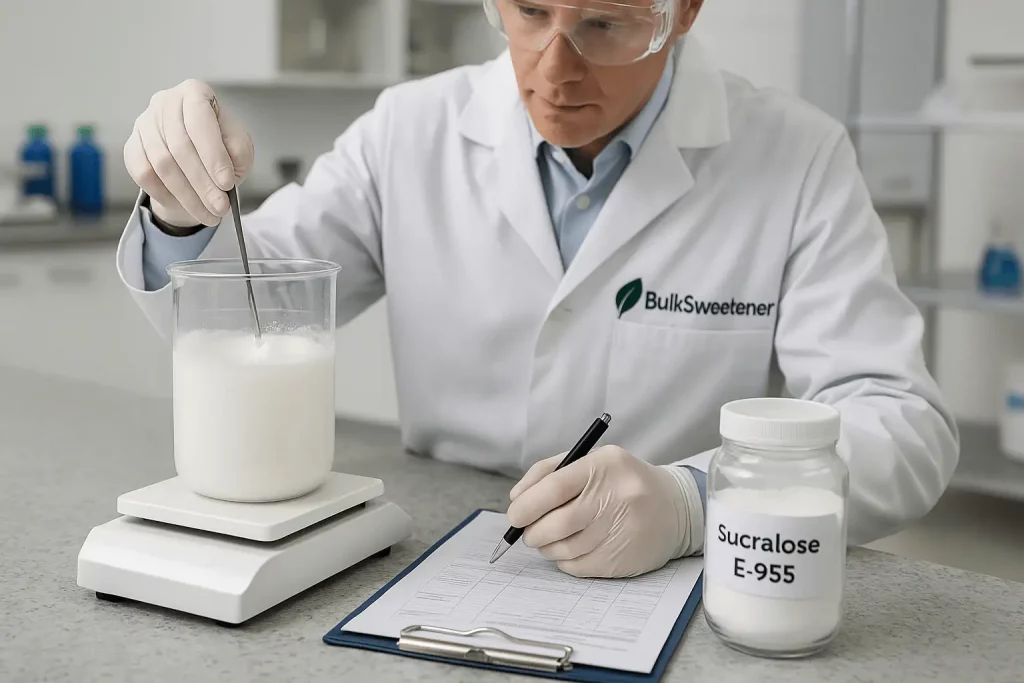 Scientist testing bulk sucralose sweetener samples in industrial factory laboratory.