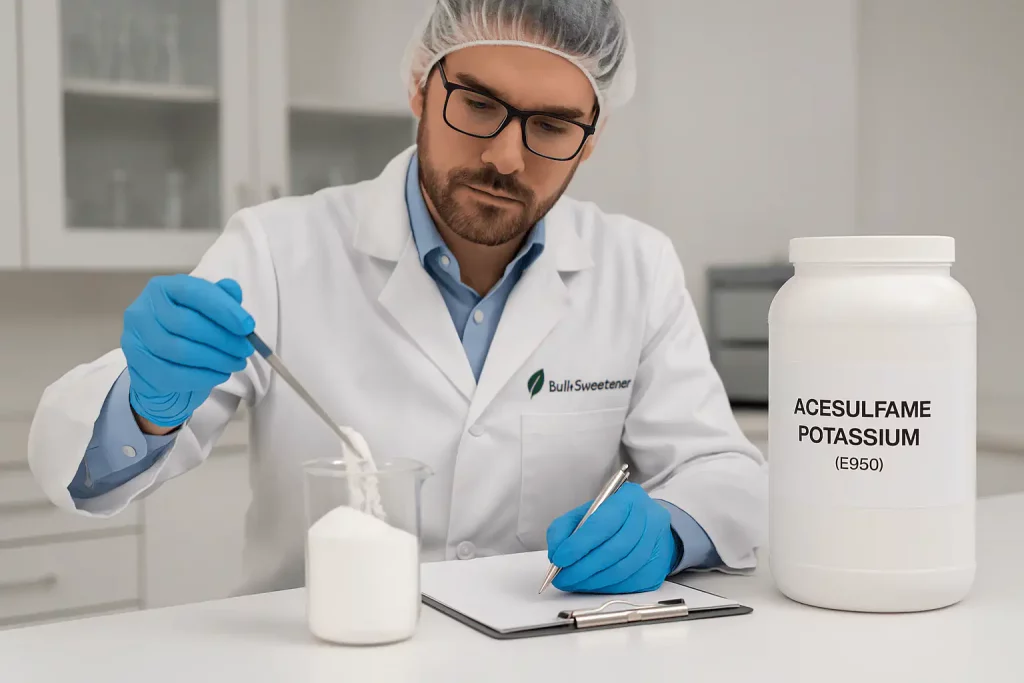 Technician testing bulk Acesulfame K sweetener in an industrial factory environment.