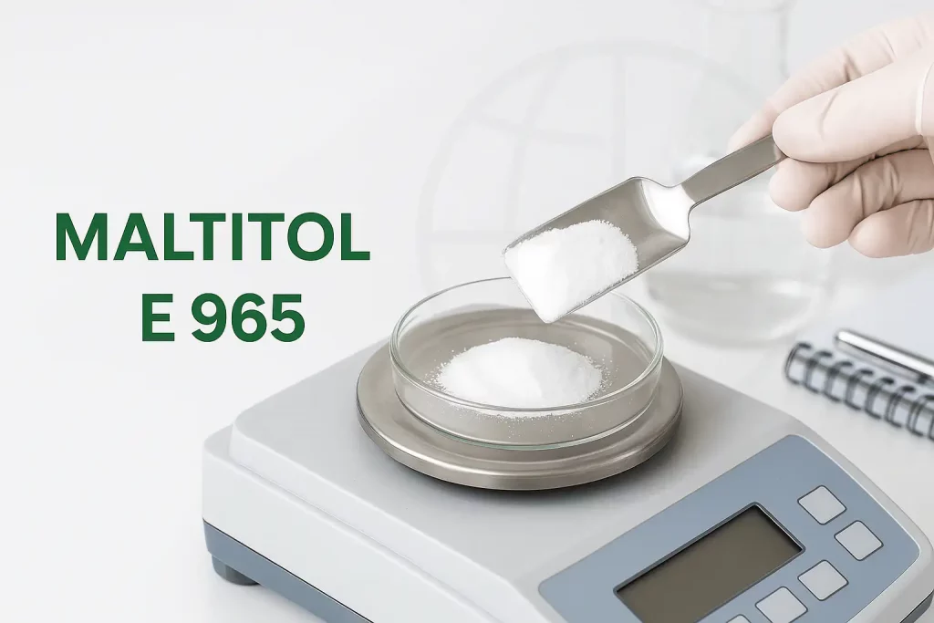 Laboratory testing bulk maltitol sweetener E965 for quality and purity in industrial production.