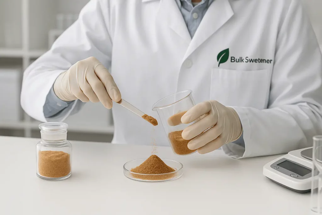 Laboratory testing bulk monk fruit sweetener extract powder for quality and consistency.