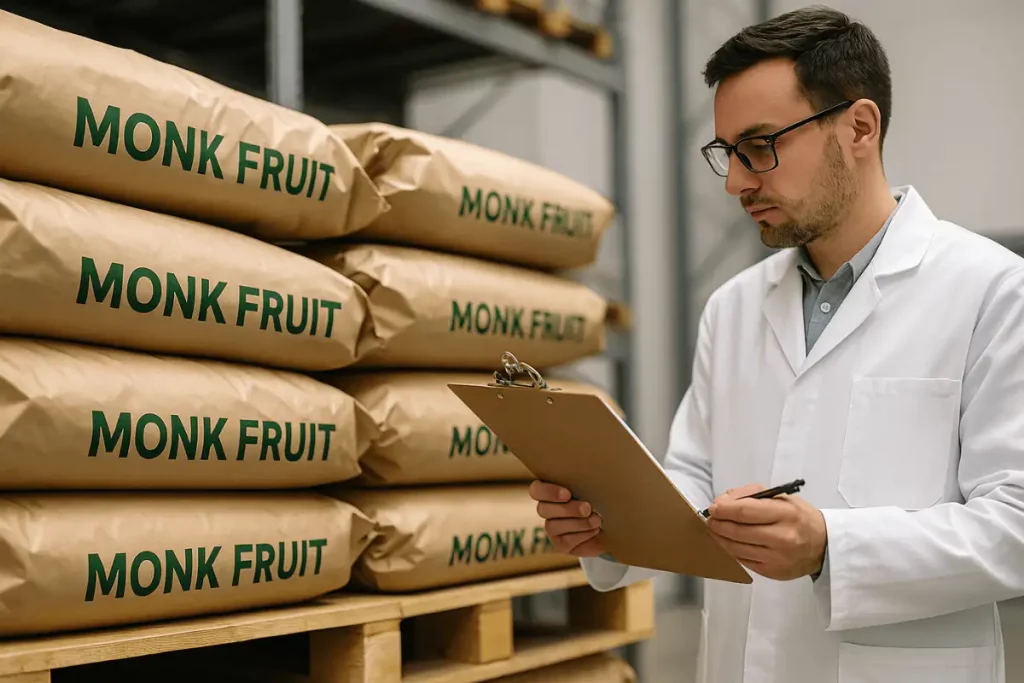 Bulk monk fruit sweetener factory packaging for industrial supply and export.