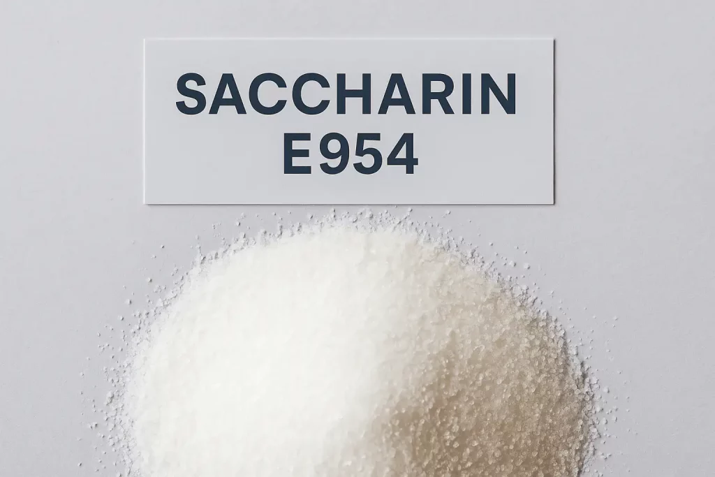 Bulk saccharin E954 sweetener sample for industrial quality testing and production.