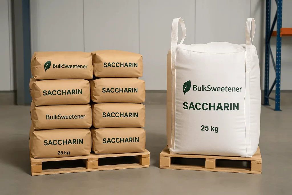 Bulk saccharin sweetener bags stacked in an industrial factory for large-scale production.
