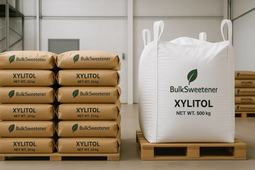 Bulk xylitol sweetener factory packaging for industrial food and beverage manufacturing.