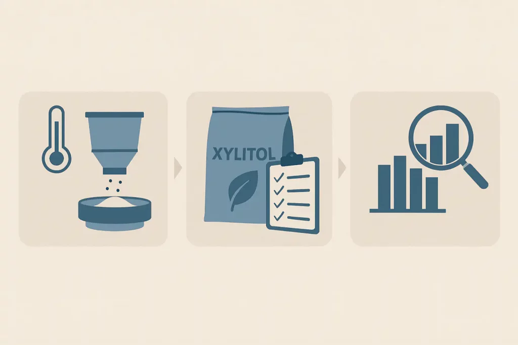 Xylitol sweetener quality control at bulk production factory for industrial use.